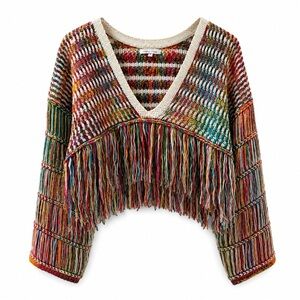 Ivory Rose Multicolor Rainbow Fringe Crochet Sweater Boho Festival Crop Top S